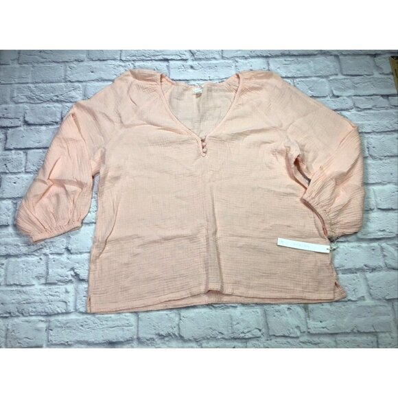 CASLON Long Sleeve Lightweight Gauze Blouse Balloon Sleeves V-Neck Pink Medium - Picture 1 of 7